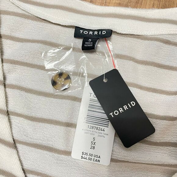 Torrid Womens 5 (5X) White Tan Striped Knit Tank Top (Faux Buttons) - NWT - Picture 3 of 7